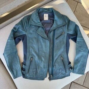 New Free People We The Free Cora Leather Moto Jacket Blue Small
